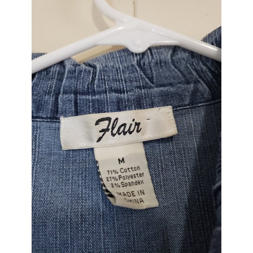 Y2K Vtg Flair Women M Denim Shirt Button Up Pleated Blue Chambray Artsy Stretch - Picture 5 of 5